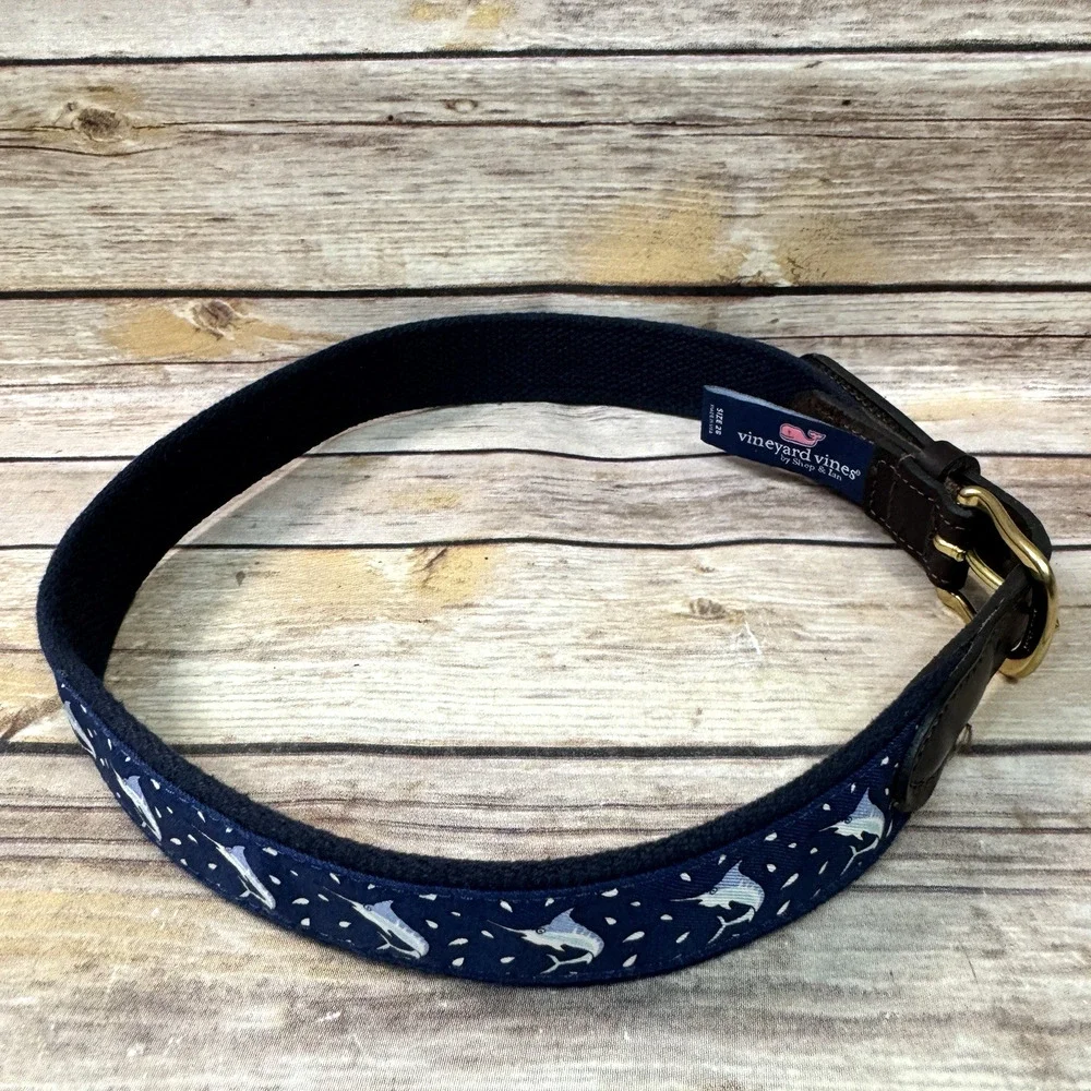 Vineyard Vines Boys Navy Blue & Brown Leather Preppy Swordfish Belt 28